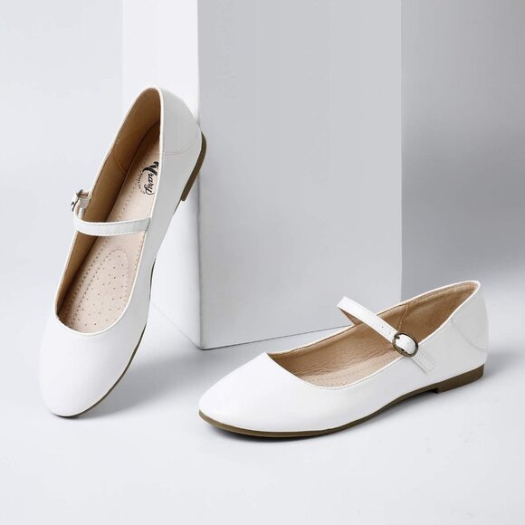 Trary Women White Leather Round Toe Ankle Strap Comfortable Ballet Flats Shoes - Picture 4 of 7